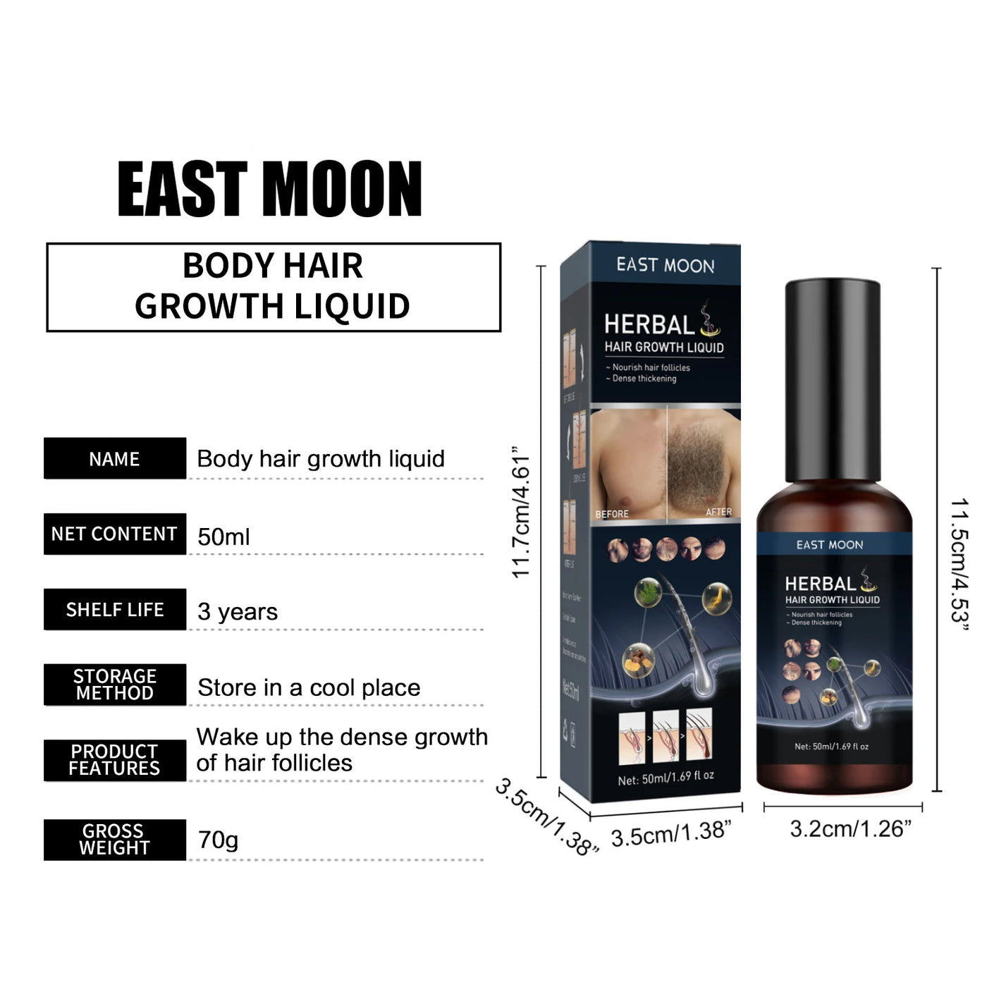 Fiche produit du Sérum Croissance Moustaches & Cheveux East Moon 50ml, avec dimensions, poids, durée de conservation et instructions de stockage.