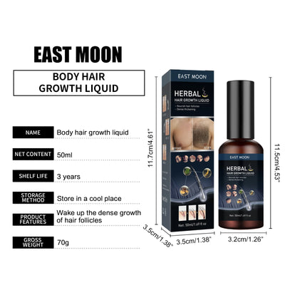 Fiche produit du Sérum Croissance Moustaches & Cheveux East Moon 50ml, avec dimensions, poids, durée de conservation et instructions de stockage.