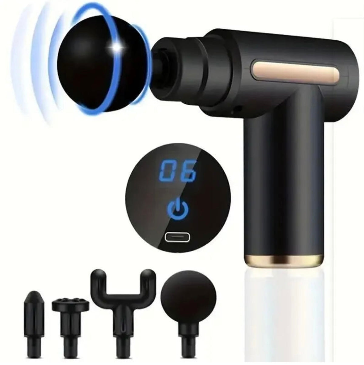 Masseur compact électrique noir avec écran LED et 4 têtes interchangeables pour massage ciblé du dos et du corps.