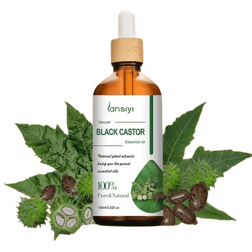 Huile essentielle Ricin noir 100 ml avec compte-gouttes, entourée de graines et feuilles de ricin, idéale pour traiter la chute de cheveux.