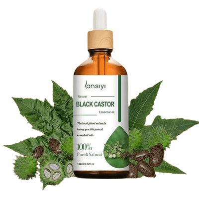 Huile essentielle Ricin noir 100 ml avec compte-gouttes, entourée de graines et feuilles de ricin, idéale pour traiter la chute de cheveux.
