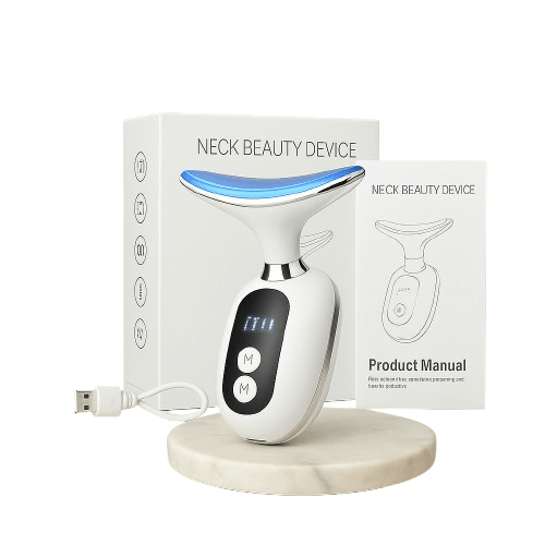 Lisseur Cou & Visage avec écran LED et lumière bleue, présenté avec boîte, manuel et câble USB. Outil de soin anti-âge élégant pour routine beauté.