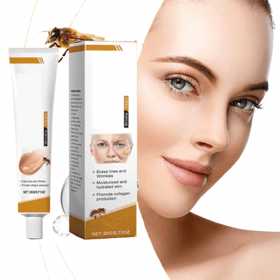 Crème soins du visage avec venin d'abeille, présentée avec une femme à la peau éclatante. Hydrate et réduit les rides naturellement.