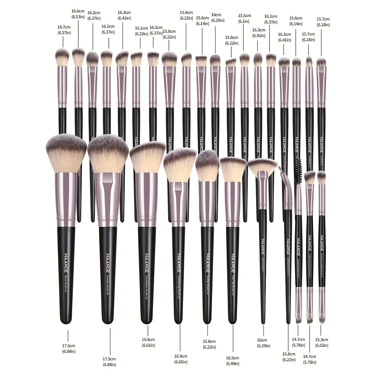 Collection complète de pinceaux de maquillage avec dimensions, parfaite pour le visage, les yeux et les lèvres, pour une finition précise et homogène.
