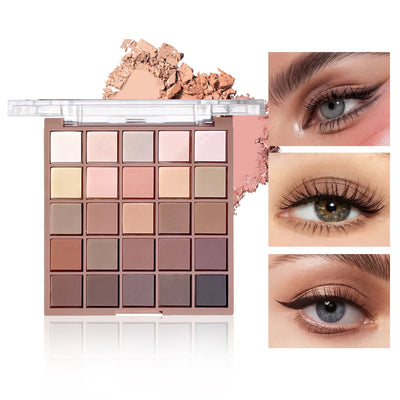 Palette de maquillage Glowease avec 25 teintes nude et mates, accompagnée d'exemples de maquillage sur les yeux. Idéale pour un rendu professionnel.