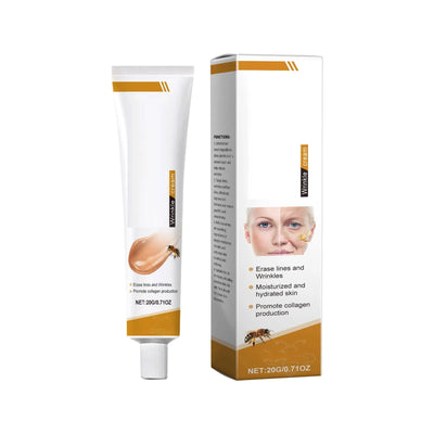 Crème soins du visage anti-âge avec boîte, formulée pour hydrater, lisser les rides et stimuler le collagène avec des ingrédients naturels.
