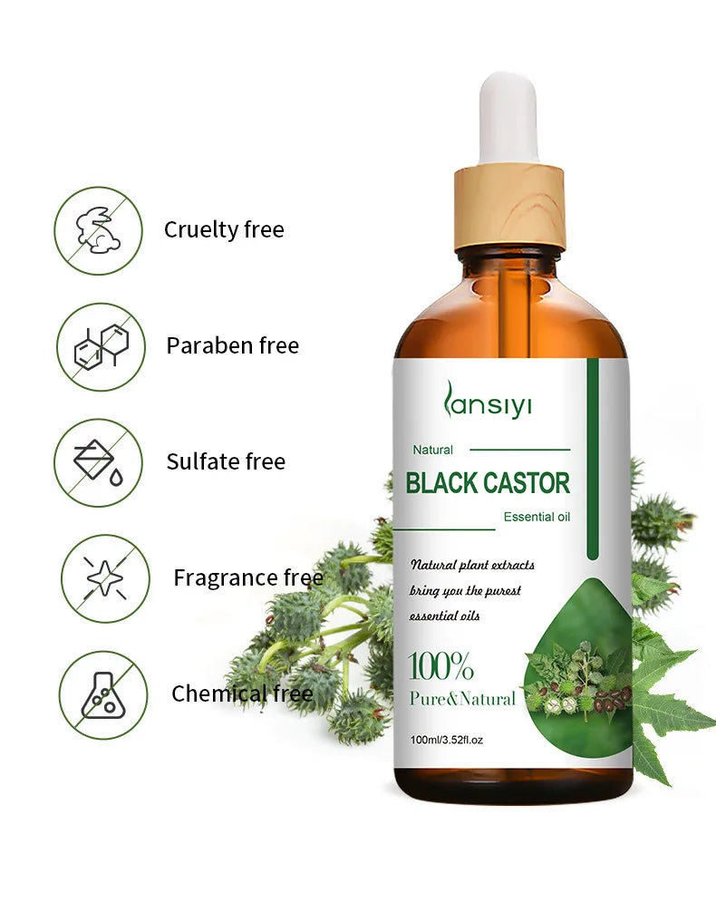 Huile essentielle Ricin noir 100 ml avec icônes cruelty free, sans parabène, sulfate, parfum ni produits chimiques, pour soin capillaire naturel.