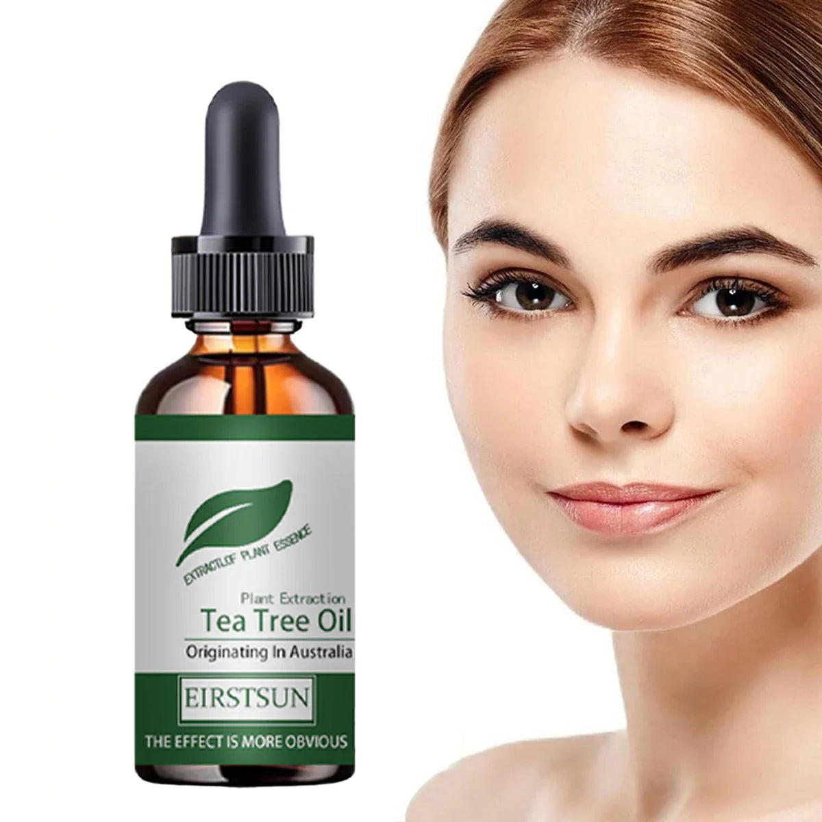 Huile essentielle d’aromathérapie EIRSTSUN au tea tree présentée avec une femme au teint éclatant, parfaite pour les soins de la peau.