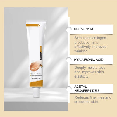 Crème soins du visage enrichie en venin d'abeille, acide hyaluronique et peptides. Hydratation intense et élasticité de la peau.