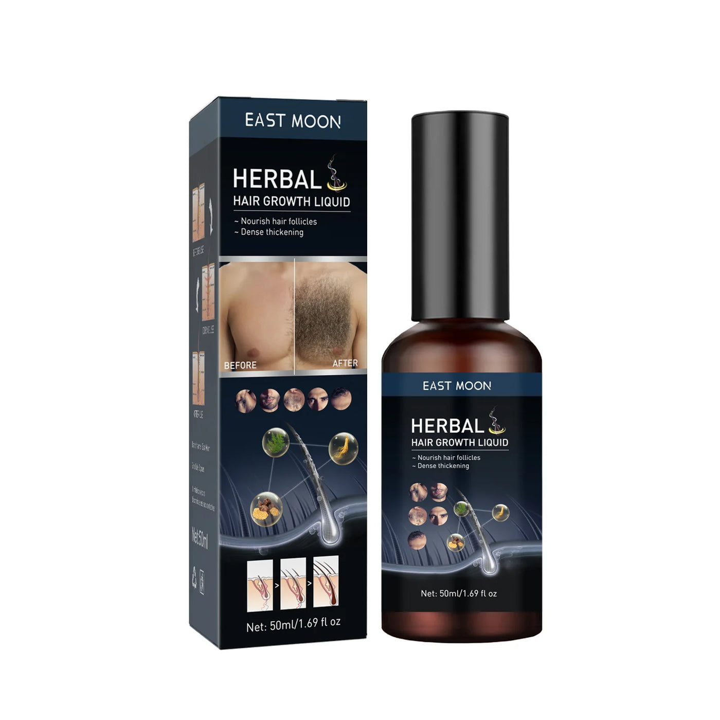 Sérum Croissance Moustaches & Cheveux East Moon 50ml avec boîte, conçu pour épaissir les follicules et stimuler la pousse des poils faciaux.