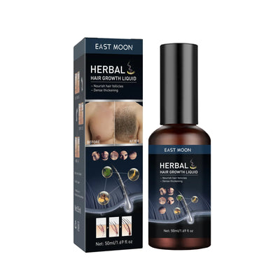 Sérum Croissance Moustaches & Cheveux East Moon 50ml avec boîte, conçu pour épaissir les follicules et stimuler la pousse des poils faciaux.
