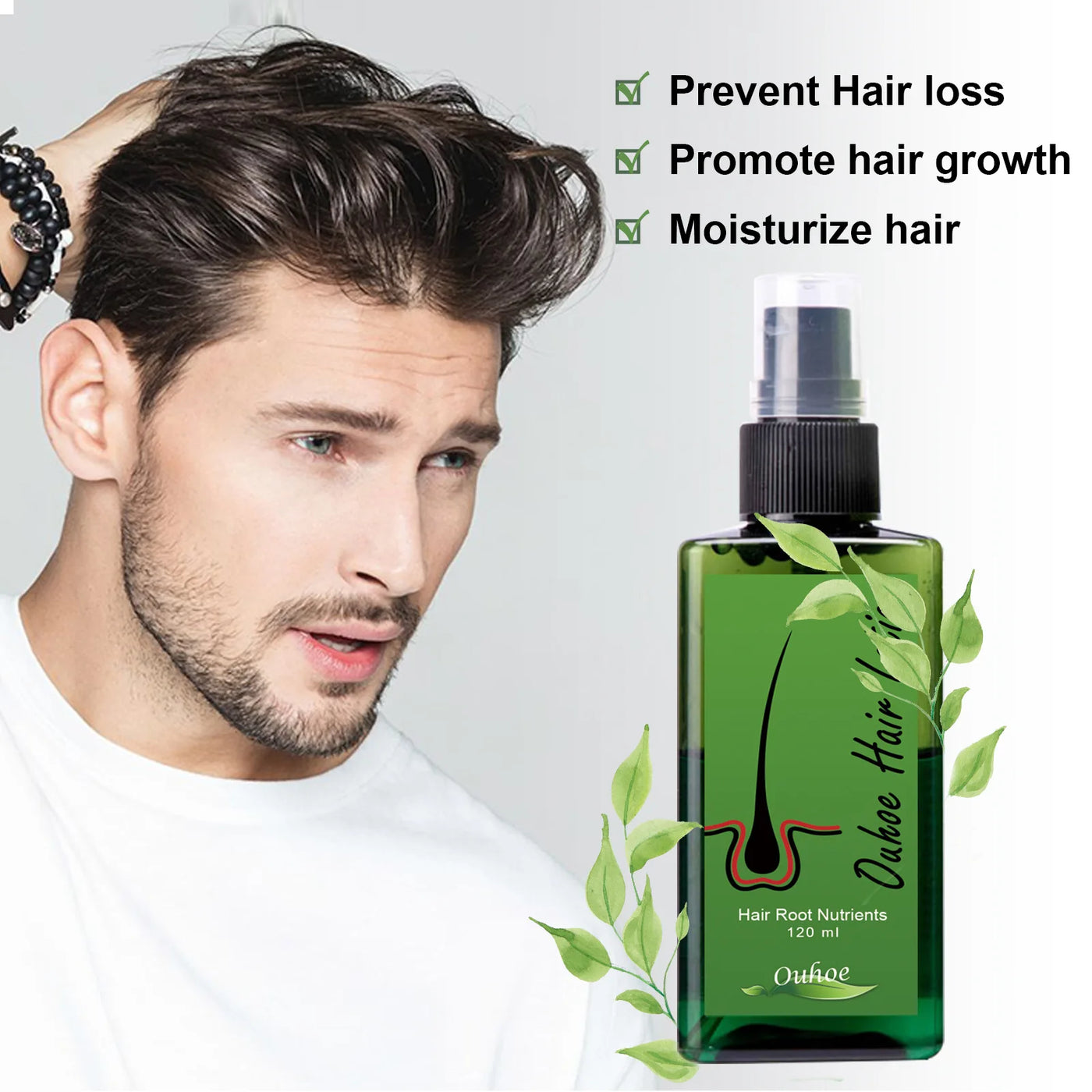 Spray Croissance Cheveux - Naturel appliqué par un homme, favorise la croissance, hydrate et prévient la chute grâce à sa formule botanique.