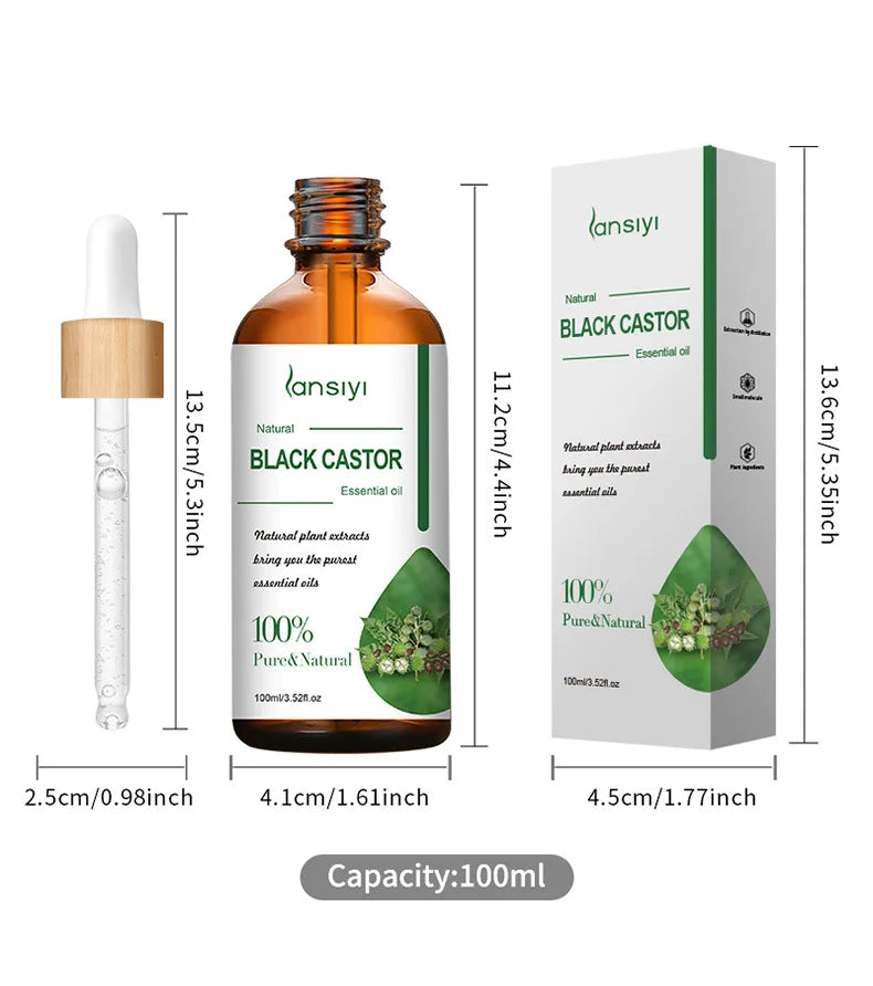 Flacon de 100 ml d'huile essentielle Ricin noir avec boîte et pipette, dimensions détaillées pour soins capillaires contre la perte de cheveux.