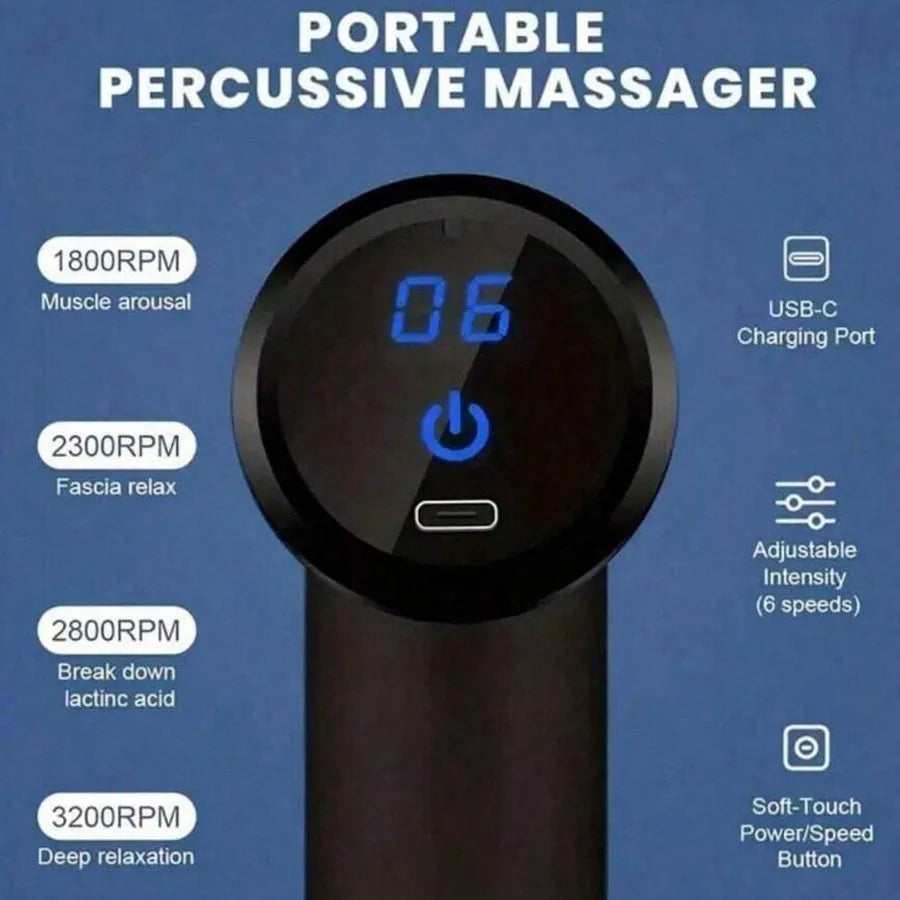 Masseur compact avec 6 niveaux d'intensité, écran tactile LED et vitesses réglables jusqu'à 2800RPM pour relaxation profonde.