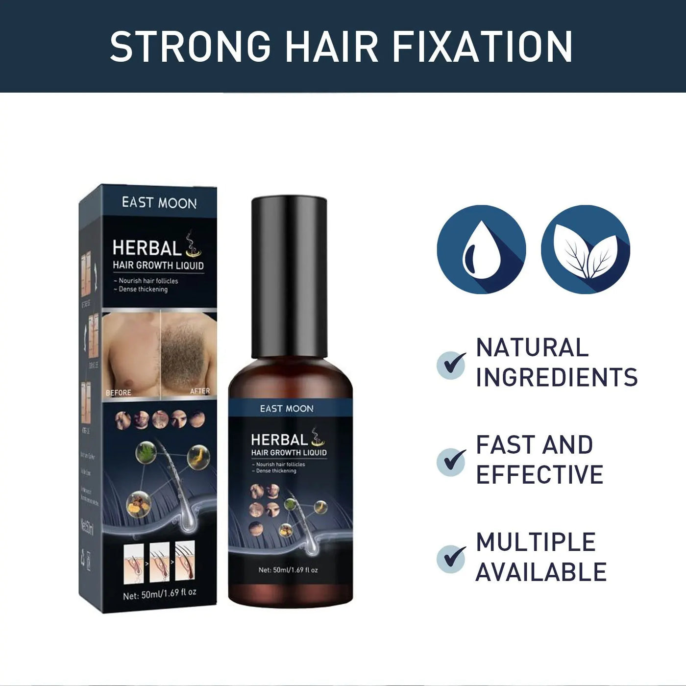 Sérum Croissance Moustaches & Cheveux à base d'ingrédients naturels, fixation forte, résultats rapides et plusieurs options disponibles.