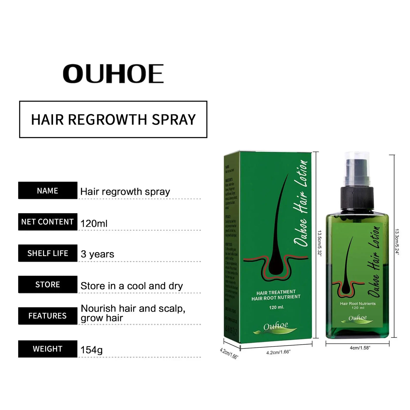 Fiche produit du Spray Croissance Cheveux - Naturel 120 ml, indiquant les bienfaits, la composition et les instructions de conservation.