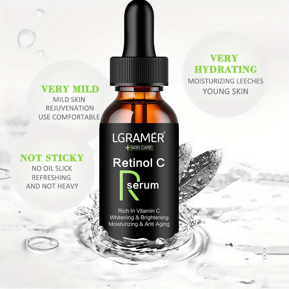 Sérum Perfection Teint Retinol C dans un décor aquatique, mettant en avant ses propriétés hydratantes, douces et non grasses.