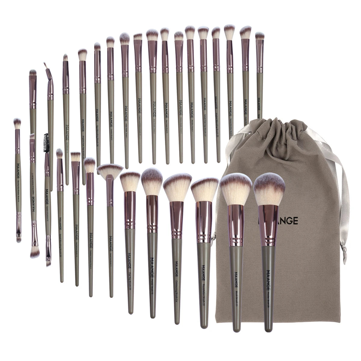 Kit de pinceaux de maquillage gris et rose avec sac MAANGE, offrant une variété d’outils pour un maquillage complet et professionnel.