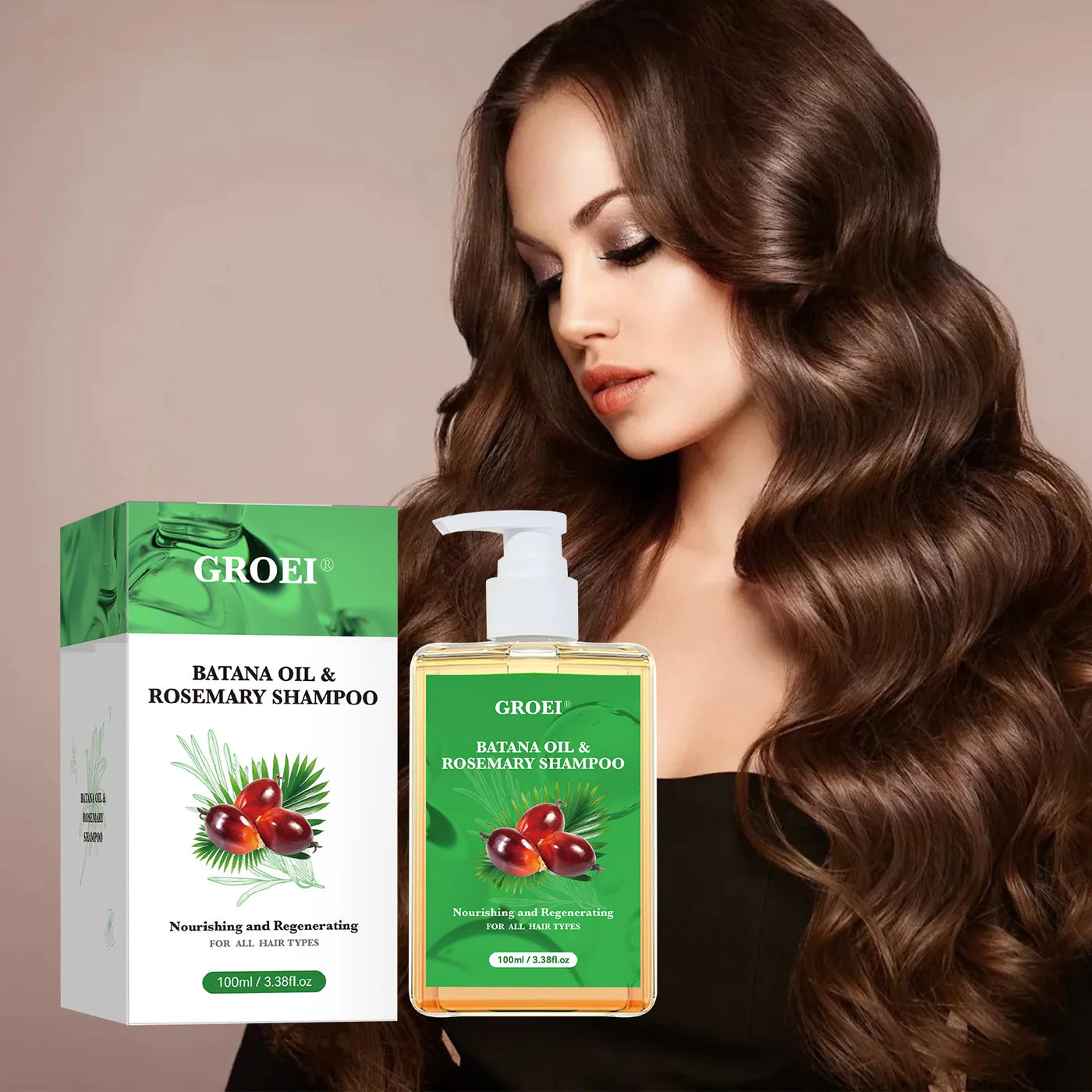 Shampooing intense GROEI présenté avec une femme aux cheveux longs et brillants, soin régénérant à l'huile de batana et romarin.