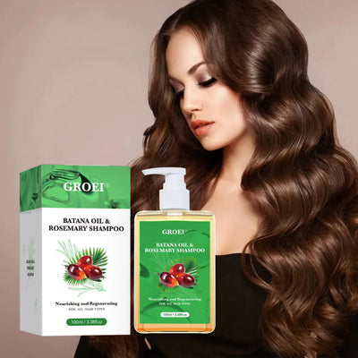 Shampooing intense GROEI présenté avec une femme aux cheveux longs et brillants, soin régénérant à l'huile de batana et romarin.