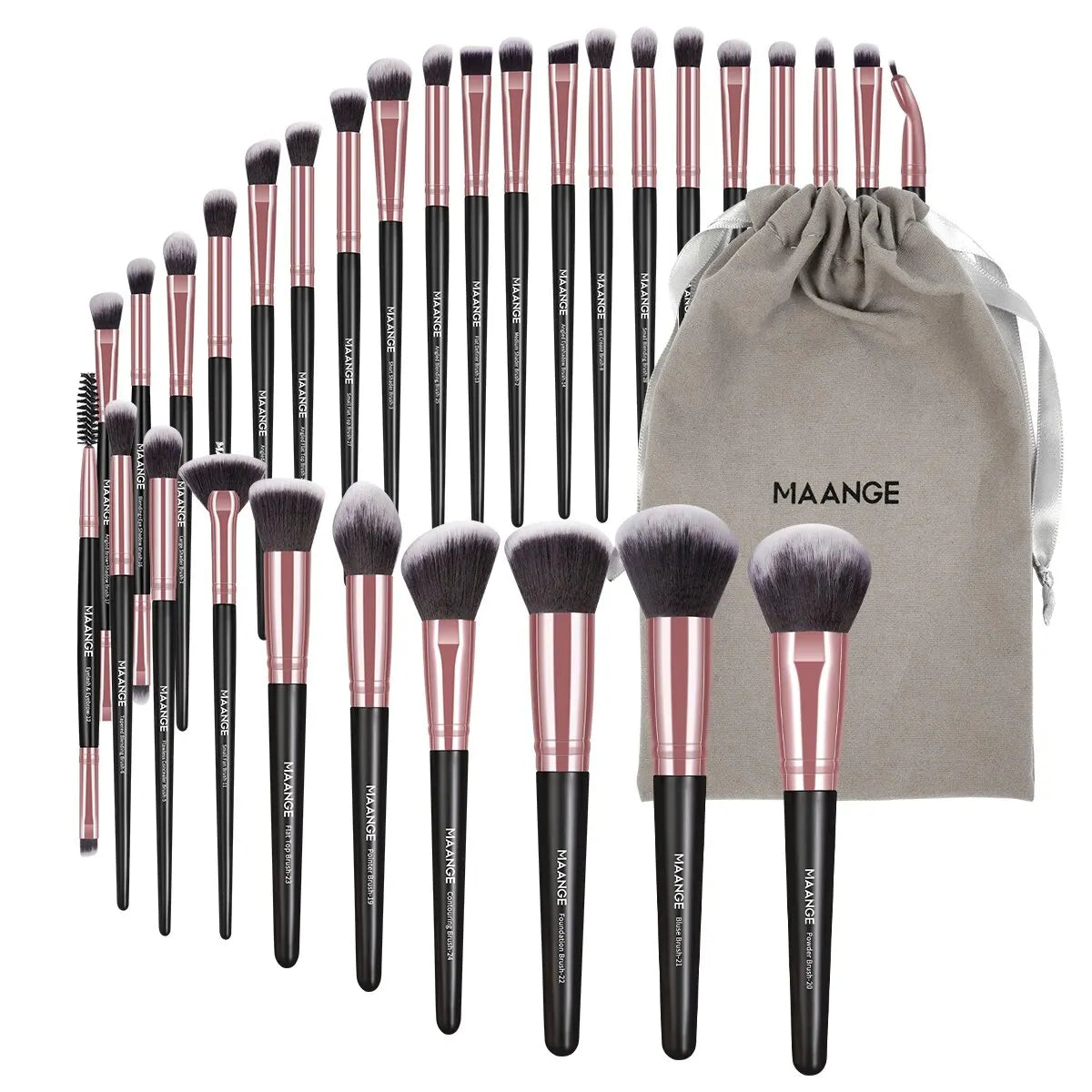 Set de pinceaux de maquillage noir et rose MAANGE avec pochette, idéal pour une application précise du fond de teint, blush et fard à paupières.