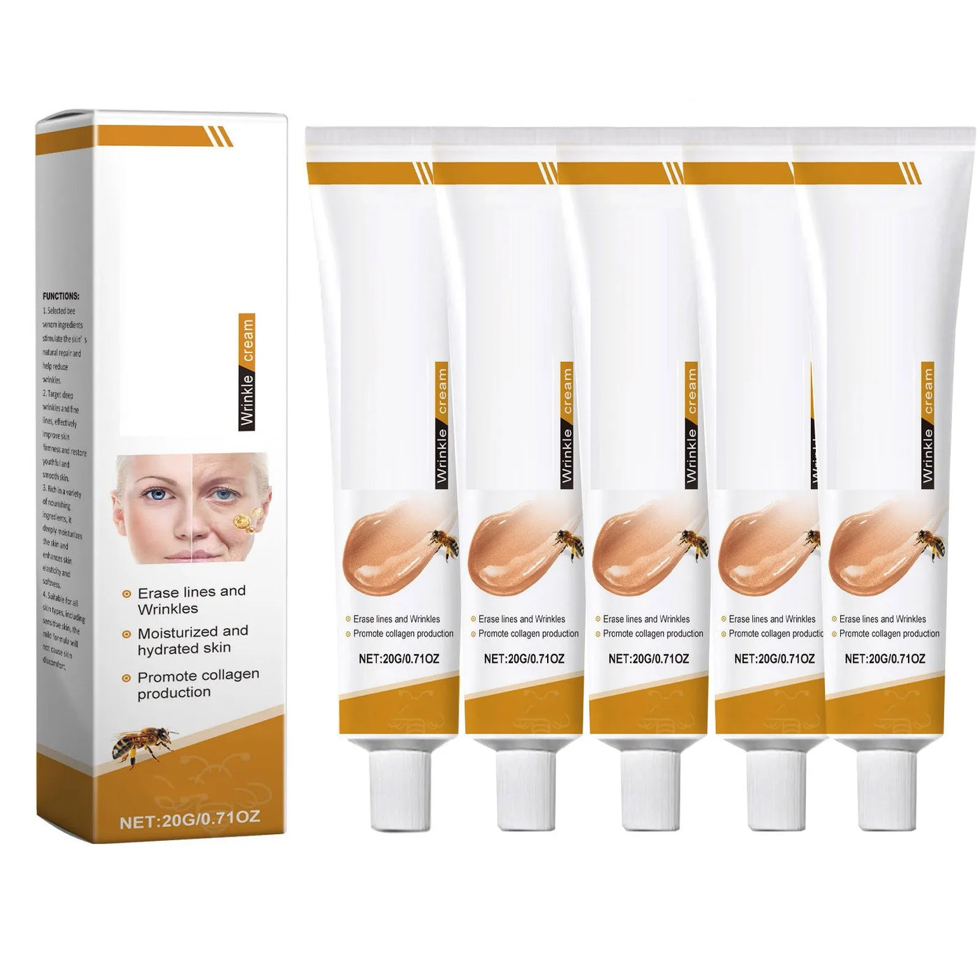 Lot de cinq tubes de Crème soins du visage anti-rides au venin d'abeille. Soin hydratant pour une peau lisse et lumineuse.