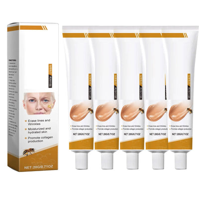 Lot de cinq tubes de Crème soins du visage anti-rides au venin d'abeille. Soin hydratant pour une peau lisse et lumineuse.