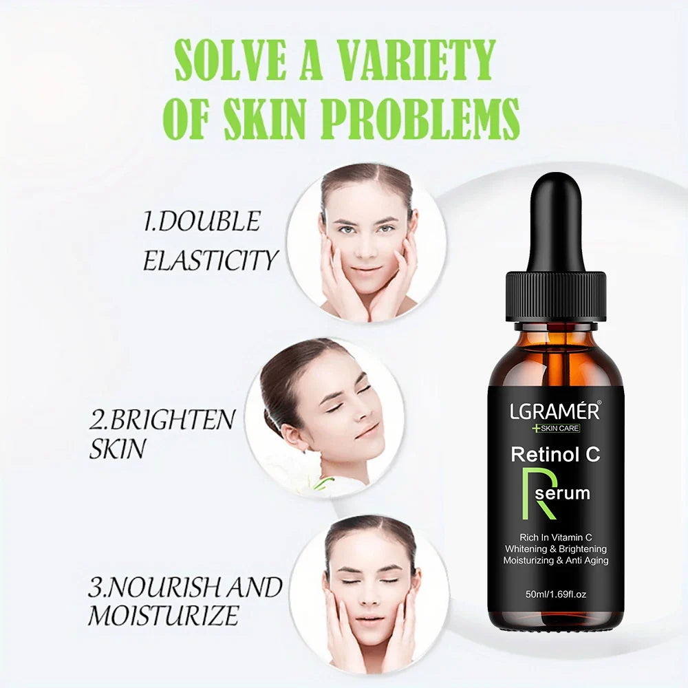 Sérum Perfection Teint Retinol C illustrant ses bienfaits : élasticité, éclat et hydratation pour une peau visiblement améliorée.