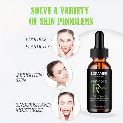 Sérum Perfection Teint Retinol C illustrant ses bienfaits : élasticité, éclat et hydratation pour une peau visiblement améliorée.