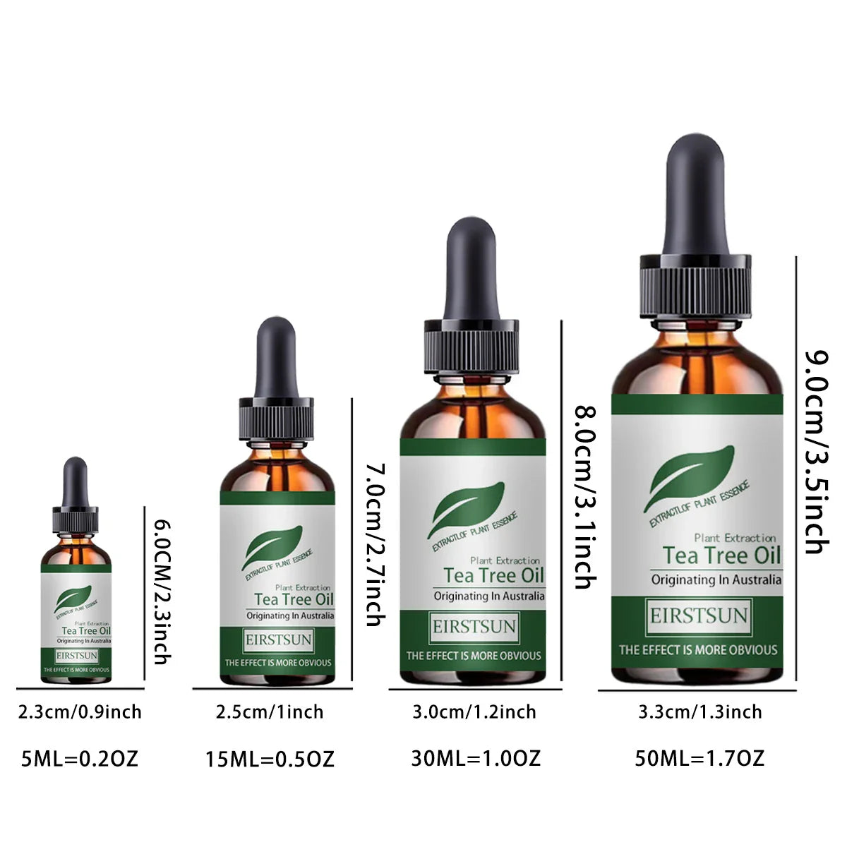 Huile essentielle d’aromathérapie EIRSTSUN au tea tree en flacons de 5ml à 50ml avec pipette, idéale pour soins corporels et bien-être.