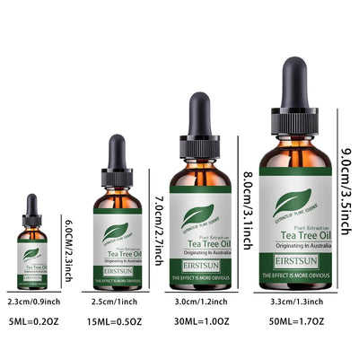 Huile essentielle d’aromathérapie EIRSTSUN au tea tree en flacons de 5ml à 50ml avec pipette, idéale pour soins corporels et bien-être.