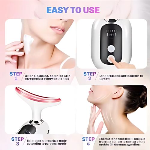 Guide d'utilisation du Lisseur Cou & Visage en 4 étapes simples. Appareil de soin cutané facile à utiliser pour une peau lisse et tonifiée.